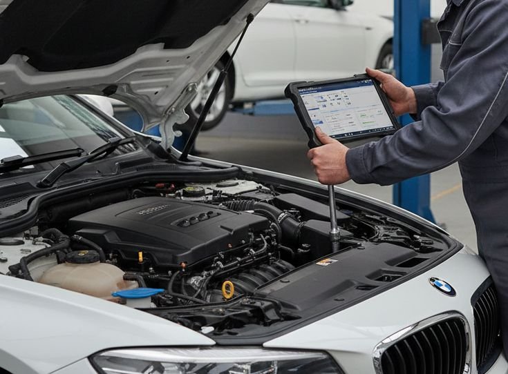 Mechanic showing how to keep car engine in good condition for resale