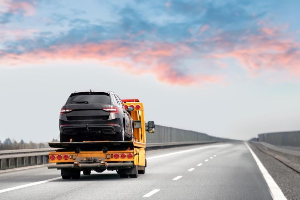 Professional towing truck loading a locked vehicle safely