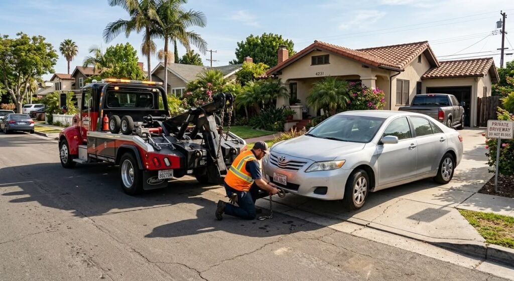 Professional towing truck loading a severe hail damaged vehicle