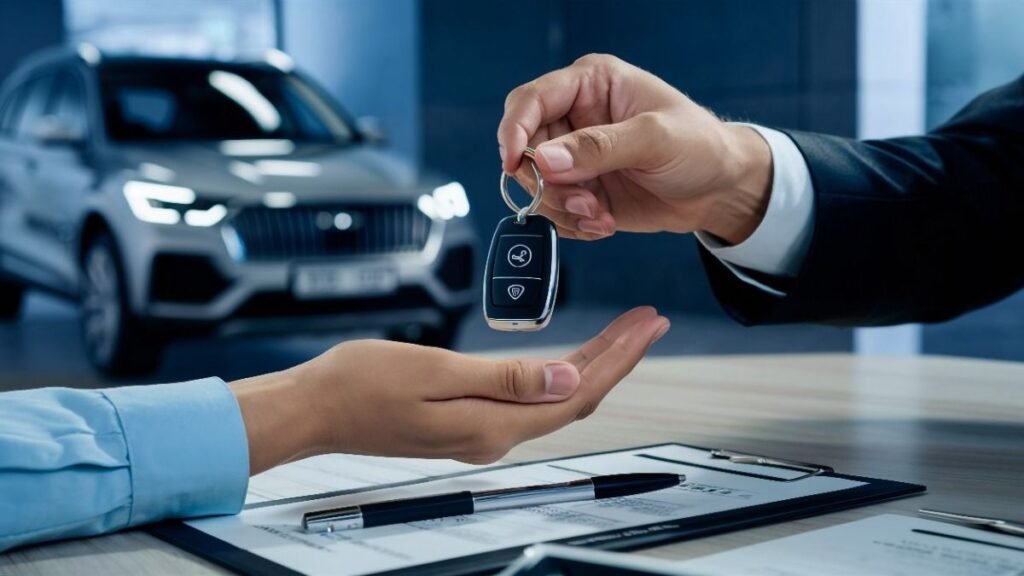 Professional auto buyer handling bank paperwork to sell car under lease safely